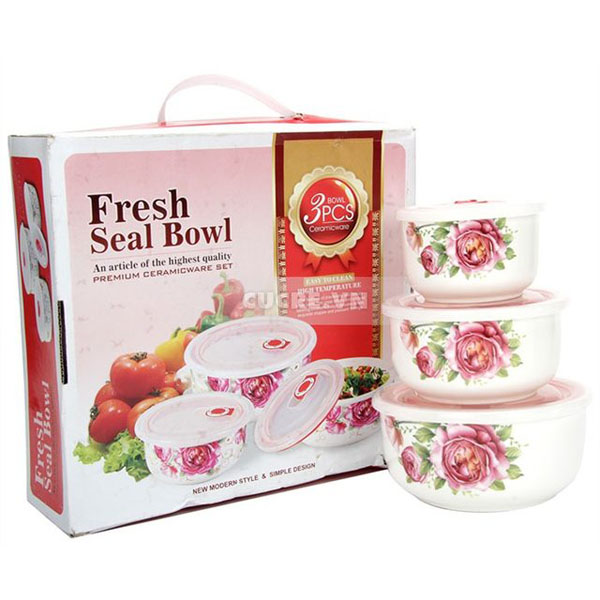 Bán buôn bộ 3 bát sứ có nắp hút chân không