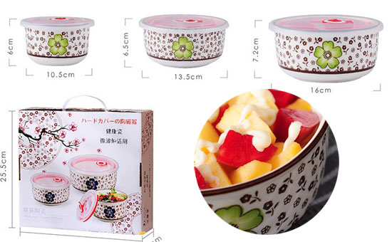 Bộ 3 bát sứ có nắp hút chân không hàng xuất Nhật cao cấp